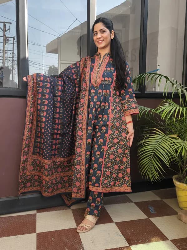 Midnight Aura Cotton A-Line Kurti Set with Dupatta