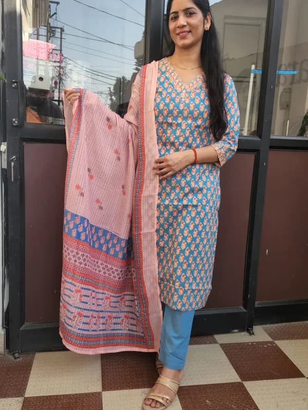 Azure Bloom Cotton Straight Kurti Set with Dupatta