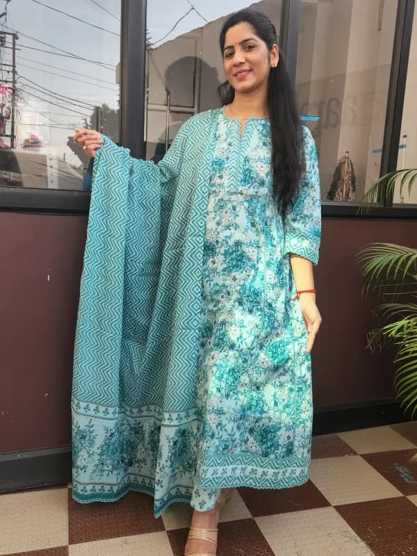 Ocean Mist Cotton A-Line Kurti Set with Dupatta