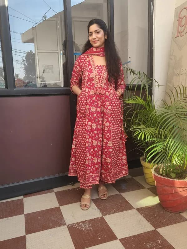 Elegant Red Cotton Anarkali Kurti Set with Dupatta