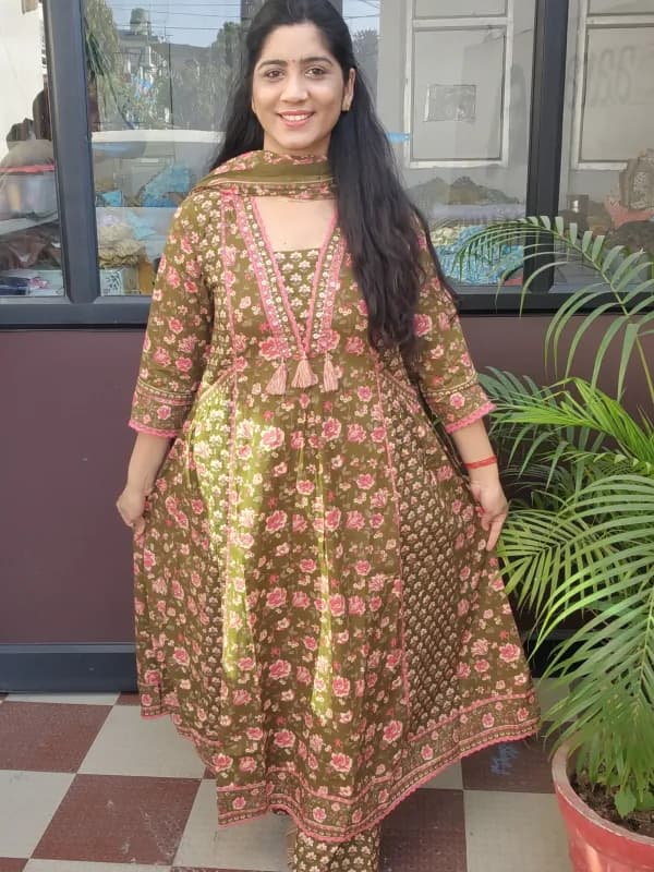 Elegant Brown & Pink Cotton Anarkali Kurti Set with Dupatta