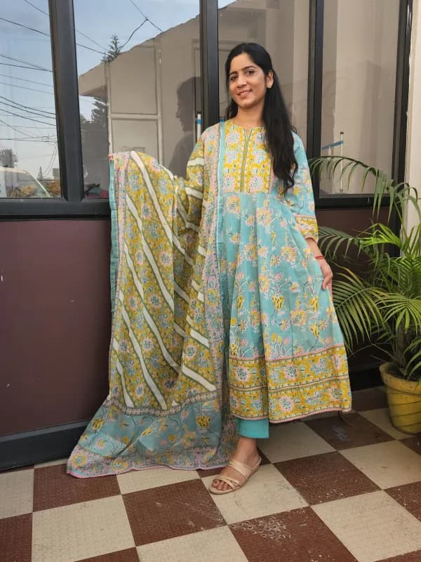 Elegant Turquoise Cotton Anarkali Kurti Set with Dupatta