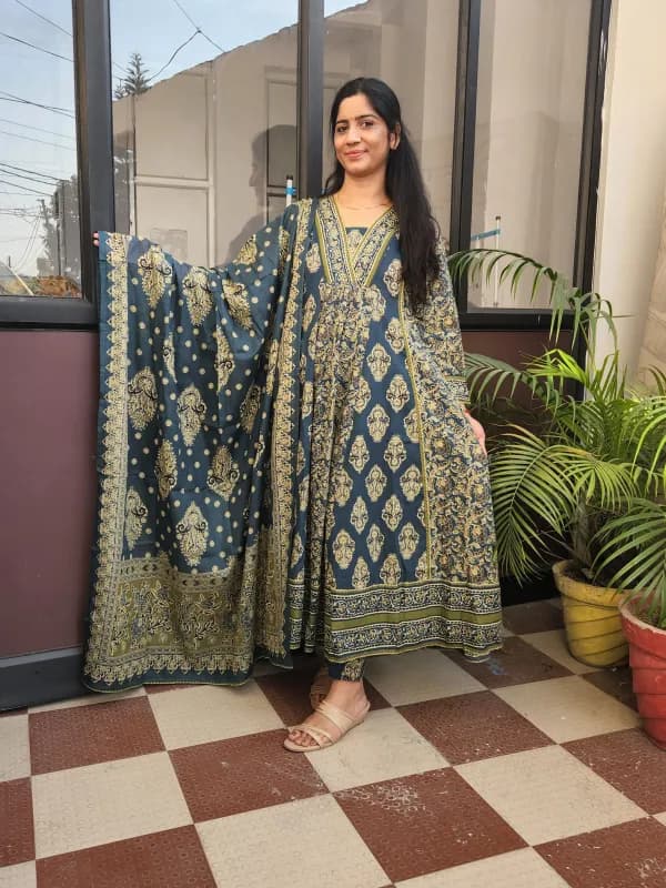Elegant Dark Teal Cotton Anarkali Kurti Set with Dupatta