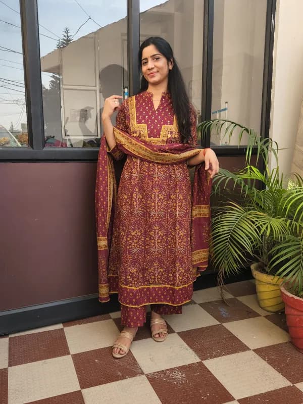 Elegant Maroon Cotton Anarkali Kurti Set with Dupatta