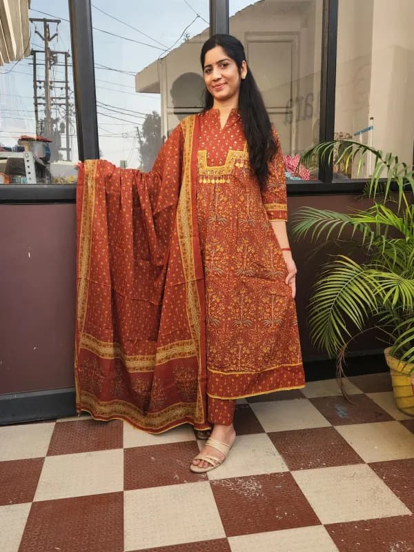 Elegant Rust Cotton Anarkali Kurti Set with Dupatta