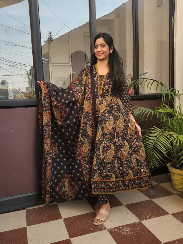 Elegant Black & Brown Cotton Anarkali Kurti Set with Dupatta