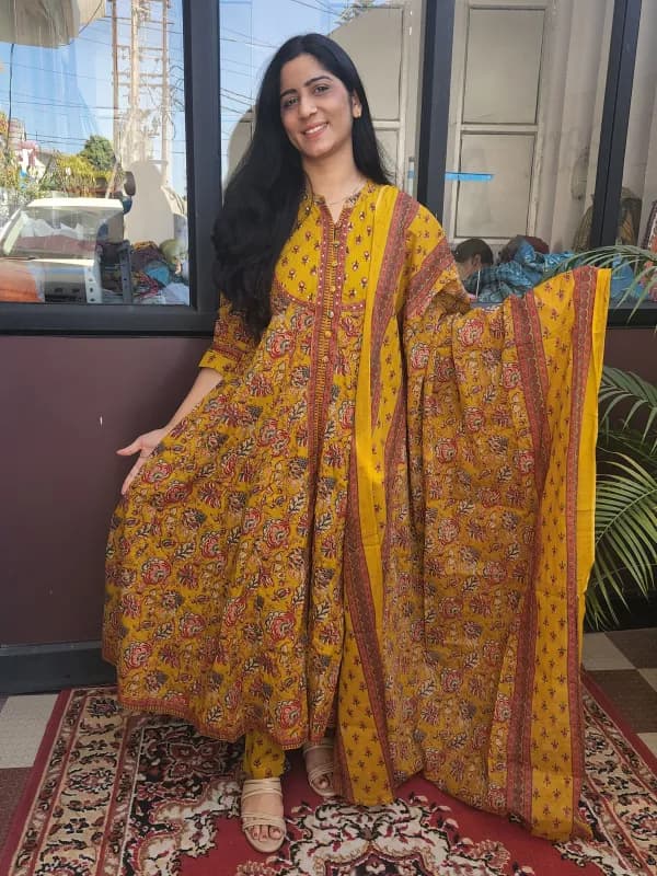 Pure Cotton Printed Anarkali Kurti Set with Dupatta – Mustard Yellow