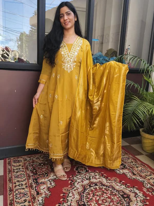 Elegant Mustard Yellow Tissue Silk Kurti Set with Embroidery