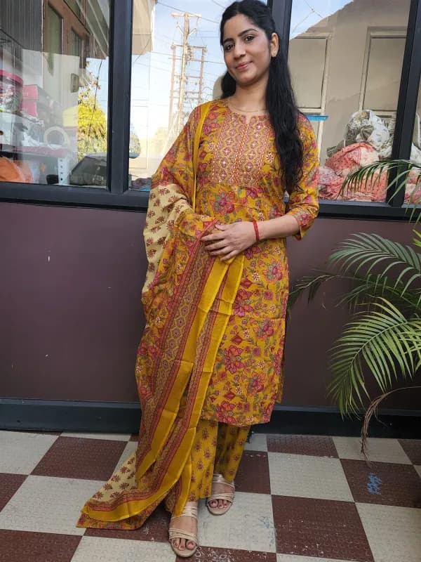 Elegant Mustard Yellow A-Line Kurti Set in Pure Cotton