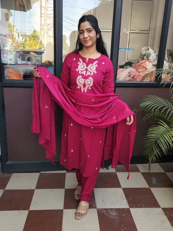 Elegant Deep Pink Straight Kurti Set with Embroidery in Pure Cotton