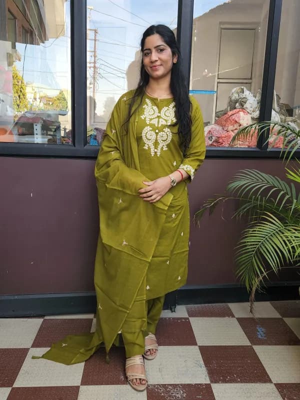 Elegant Green Straight Kurti Set with White Embroidery in Pure Cotton
