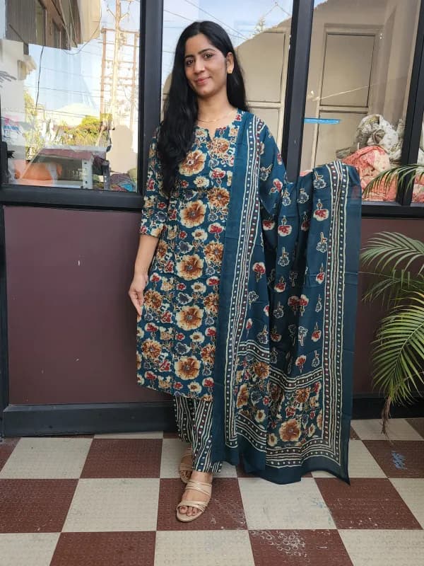 Elegant Dark Teal Cotton Kurti Set with Floral Print