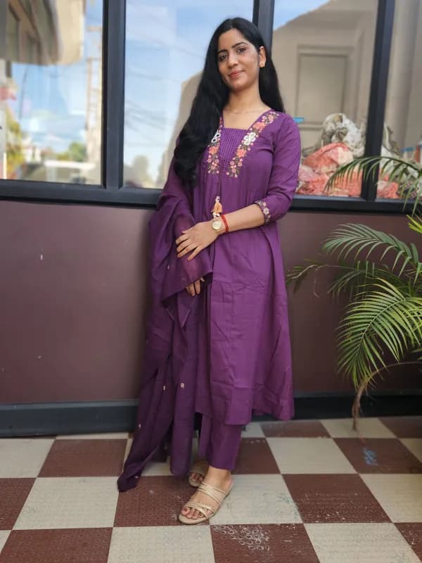 Pure Cotton A-Line Kurti Set with Dupatta – Royal Purple