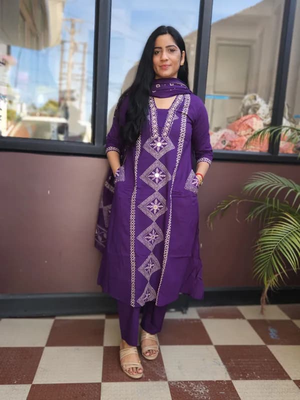 Elegant Purple Cotton A-Line Kurti Set with Dupatta