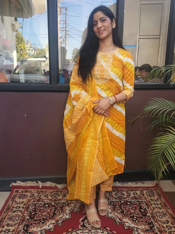 Elegant Yellow Semi Cotton Straight Kurti Set with Dupatta
