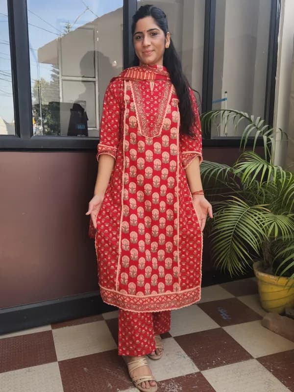 Elegant Red Cotton Straight Kurti Set with Lace & Embroidery