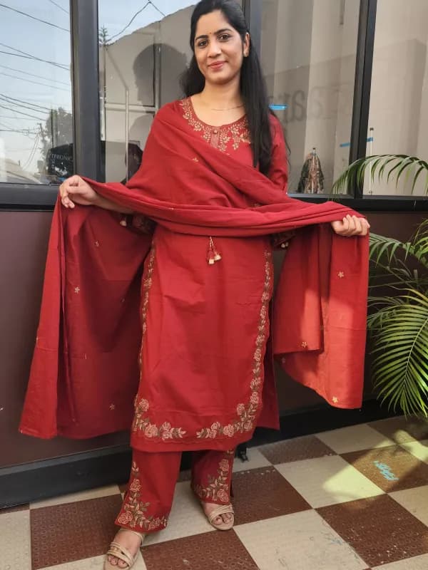 Maroon Grace Cotton Straight Kurti Set with Embroidered Pants