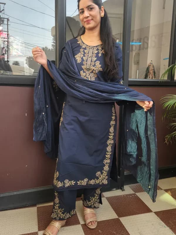 Navy Elegance Cotton Straight Kurti Set with Embroidered Pants
