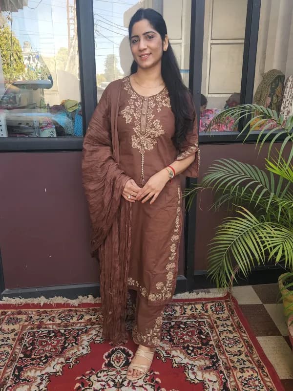 Pure Cotton Embroidered Straight Kurti Set with Dupatta – Coffee Brown