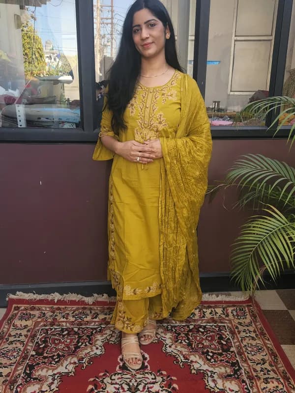Pure Cotton Embroidered Straight Kurti Set with Dupatta – Olive Green