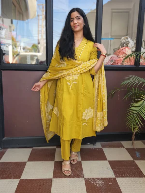 Mustard Cotton Straight Kurti Set with Applique & Mirror Work