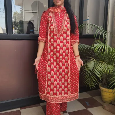 Elegant Red Cotton Straight Kurti Set with Lace &amp; Embroidery