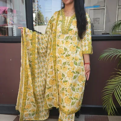 Elegant Yellow–Green Cotton Straight Kurti Set with Dupatta