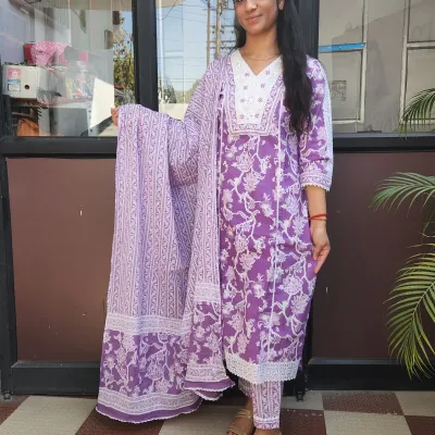 Royal Bloom Cotton Straight Kurti Set with Dupatta