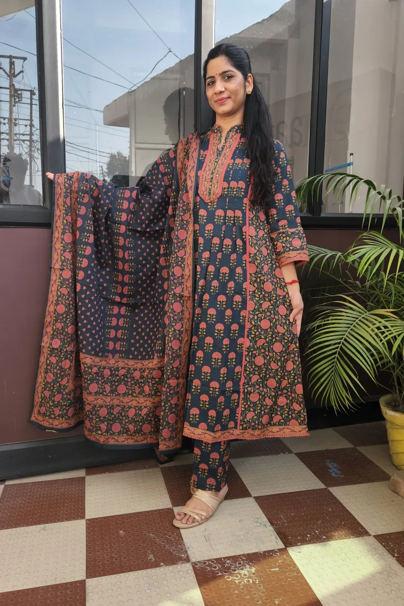 Midnight Aura Cotton A-Line Kurti Set with Dupatta - image 4