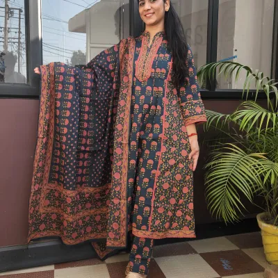 Midnight Aura Cotton A-Line Kurti Set with Dupatta