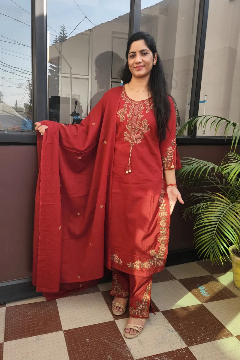 Maroon Grace Cotton Straight Kurti Set with Embroidered Pants - image 3