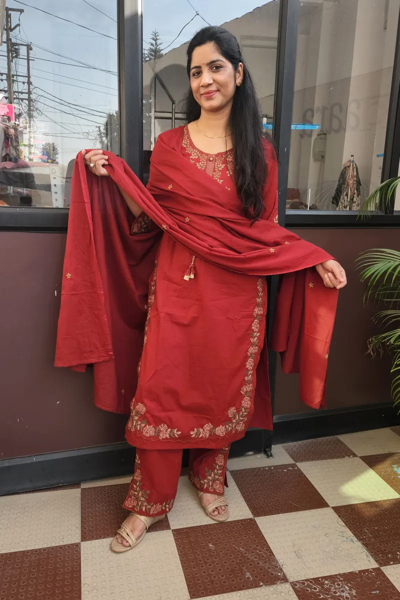 Maroon Grace Cotton Straight Kurti Set with Embroidered Pants - image 4
