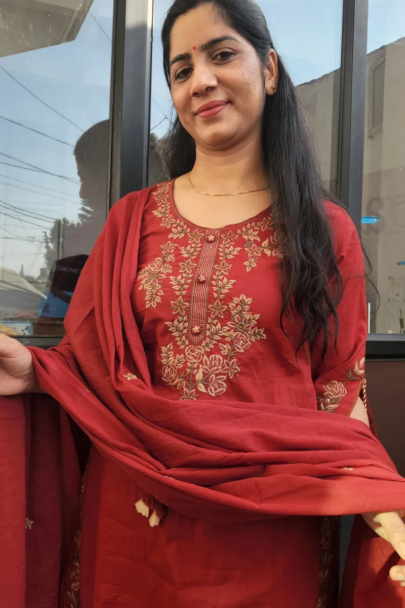 Maroon Grace Cotton Straight Kurti Set with Embroidered Pants - image 2