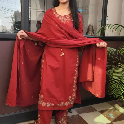 Maroon Grace Cotton Straight Kurti Set with Embroidered Pants