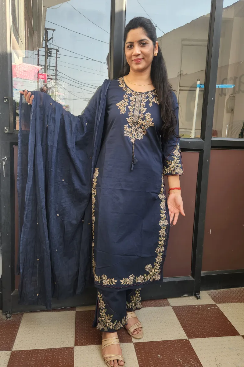 Navy Elegance Cotton Straight Kurti Set with Embroidered Pants - image 4
