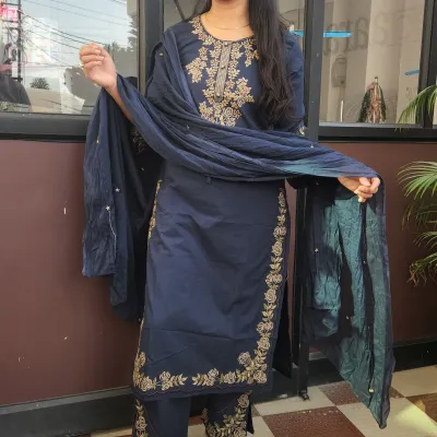 Navy Elegance Cotton Straight Kurti Set with Embroidered Pants