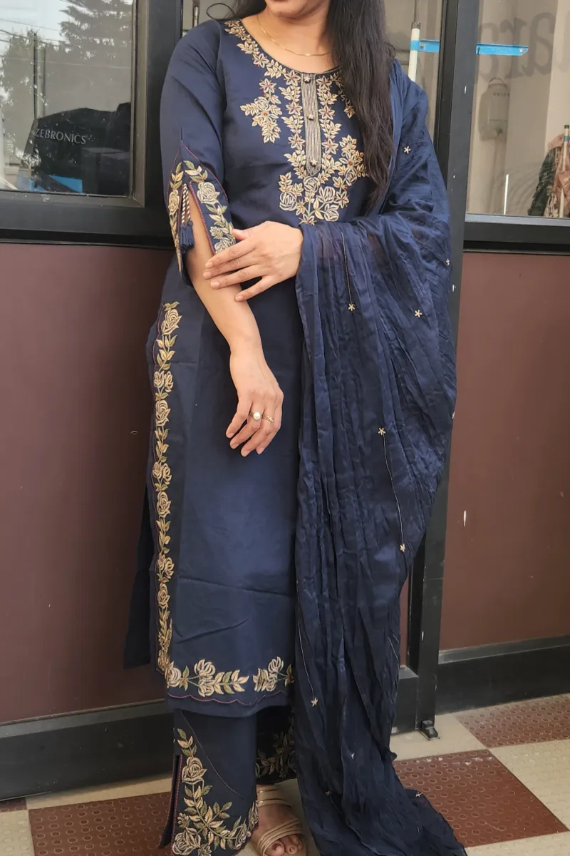 Navy Elegance Cotton Straight Kurti Set with Embroidered Pants - image 3