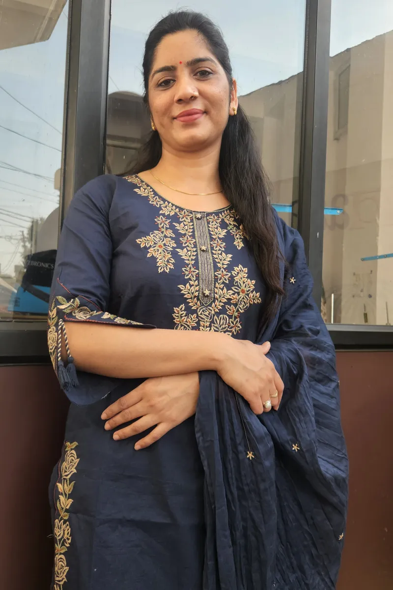 Navy Elegance Cotton Straight Kurti Set with Embroidered Pants - image 2