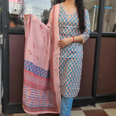 Azure Bloom Cotton Straight Kurti Set with Dupatta