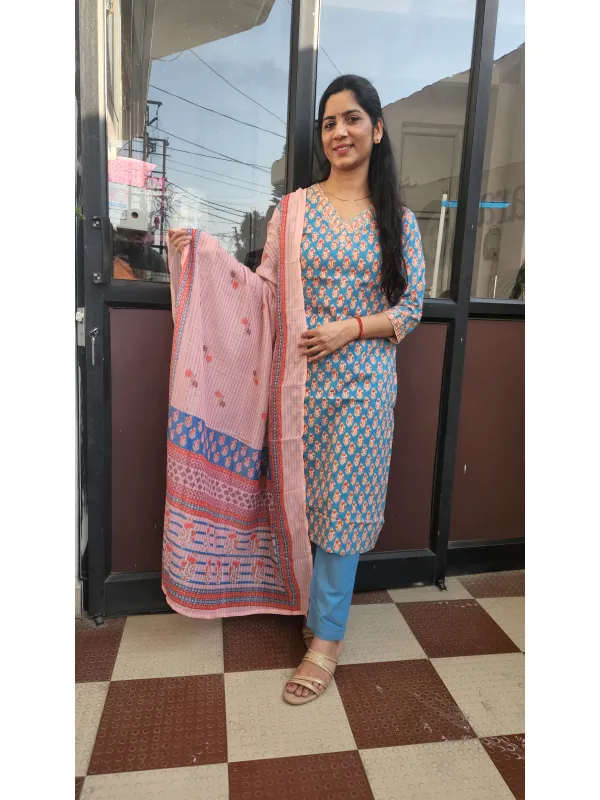 Azure Bloom Cotton Straight Kurti Set with Dupatta