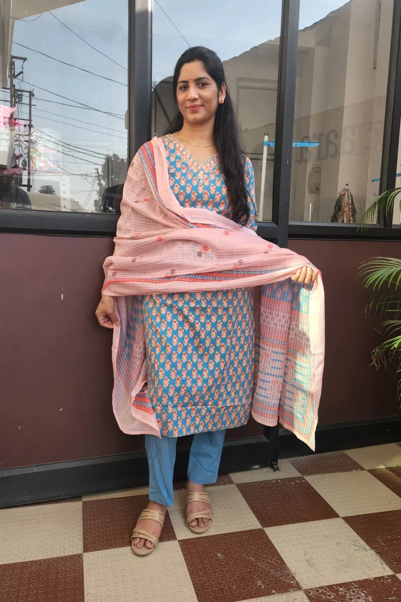 Azure Bloom Cotton Straight Kurti Set with Dupatta - image 2