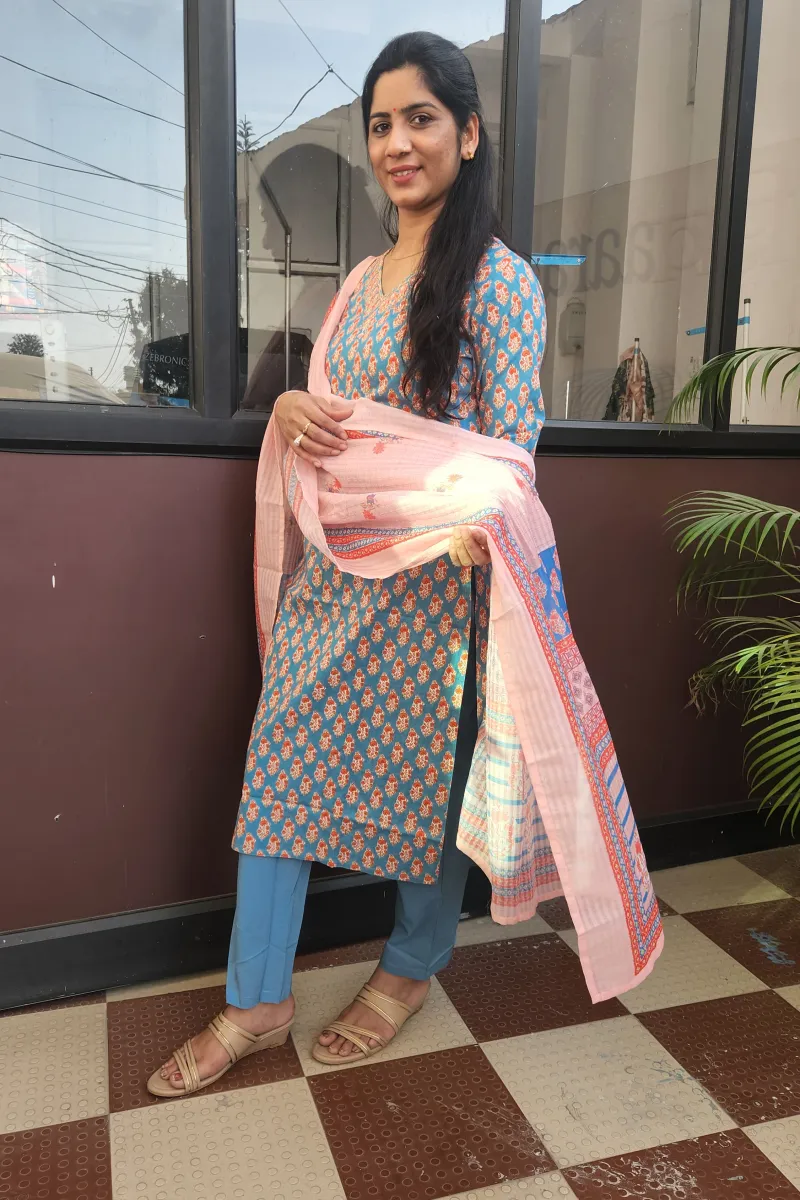Azure Bloom Cotton Straight Kurti Set with Dupatta - image 3