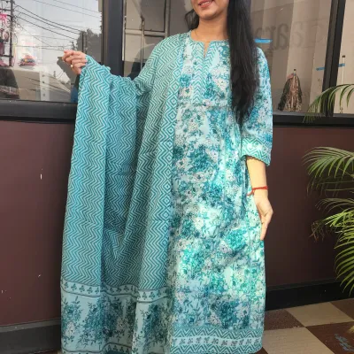 Ocean Mist Cotton A-Line Kurti Set with Dupatta