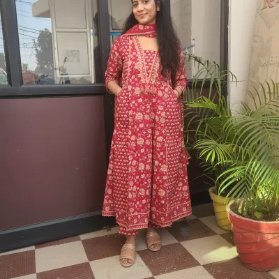 Elegant Red Cotton Anarkali Kurti Set with Dupatta