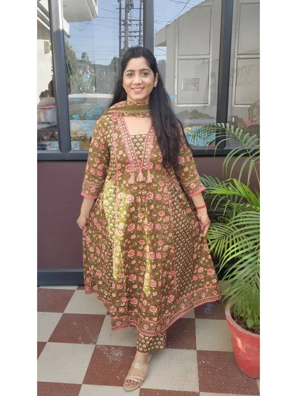 Elegant Brown & Pink Cotton Anarkali Kurti Set with Dupatta