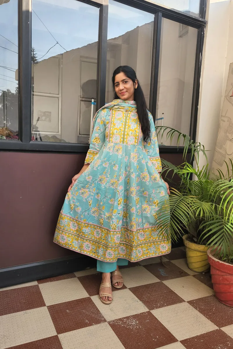 Elegant Turquoise Cotton Anarkali Kurti Set with Dupatta - image 2