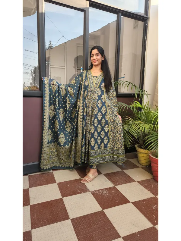 Elegant Dark Teal Cotton Anarkali Kurti Set with Dupatta