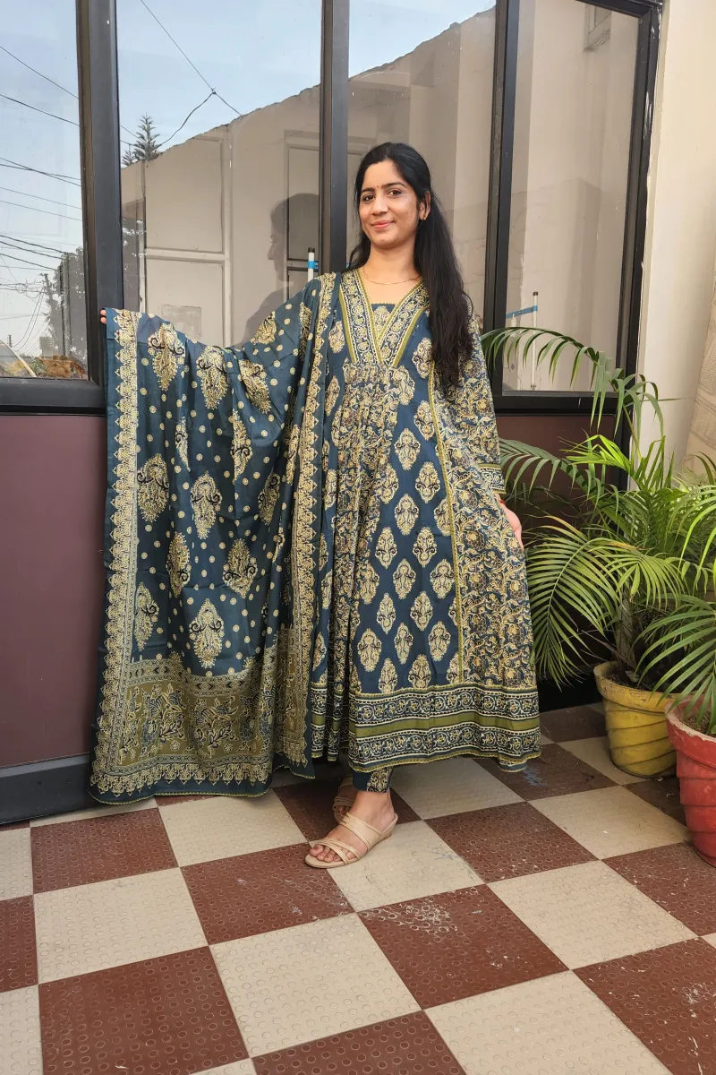 Elegant Dark Teal Cotton Anarkali Kurti Set with Dupatta - image 1