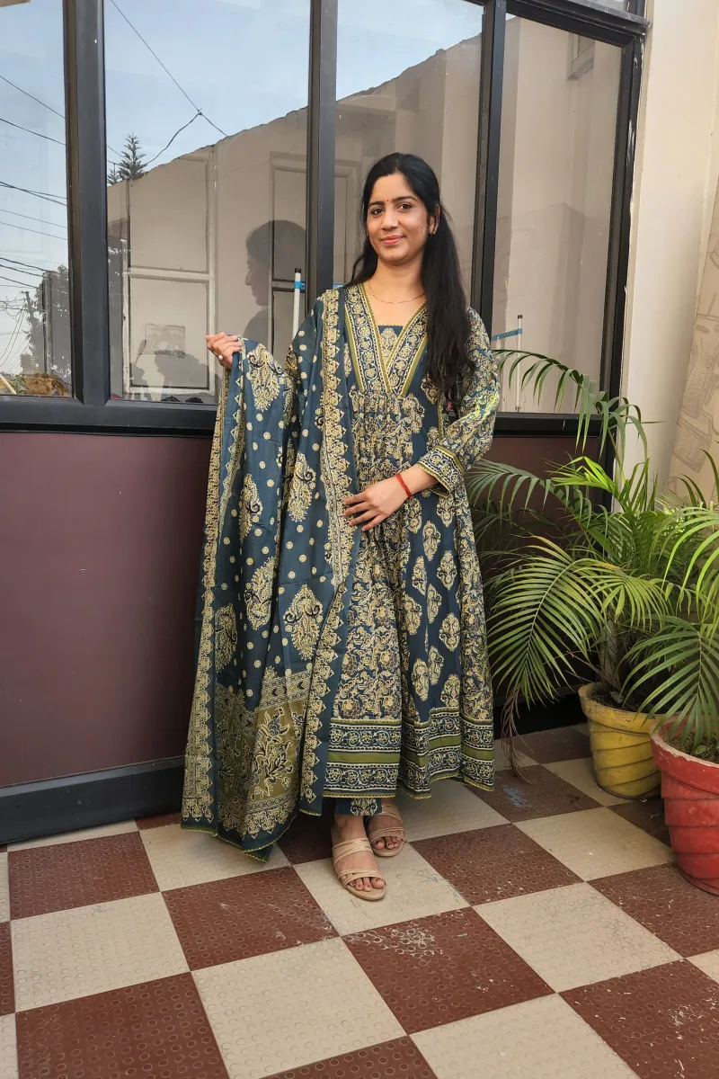 Elegant Dark Teal Cotton Anarkali Kurti Set with Dupatta - image 2