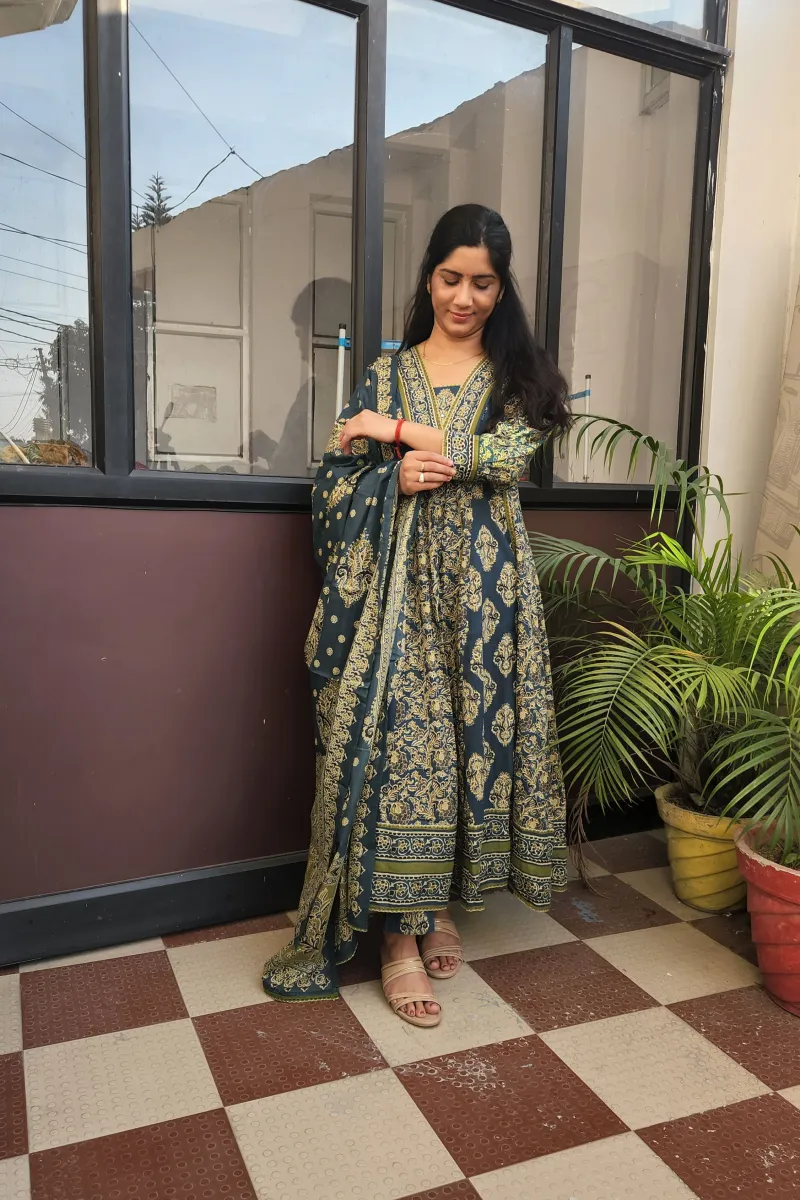 Elegant Dark Teal Cotton Anarkali Kurti Set with Dupatta - image 3